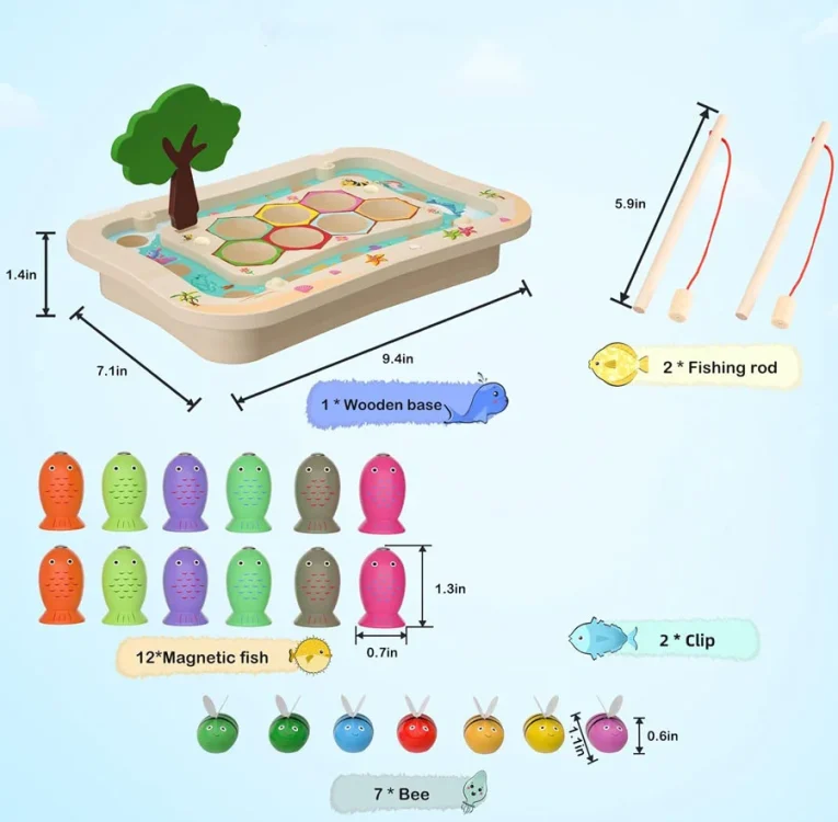 Juguete-Montessori-2-en-1-de-Madera-Pesca-Magnética-y-Clasificación-de-Abejas-2